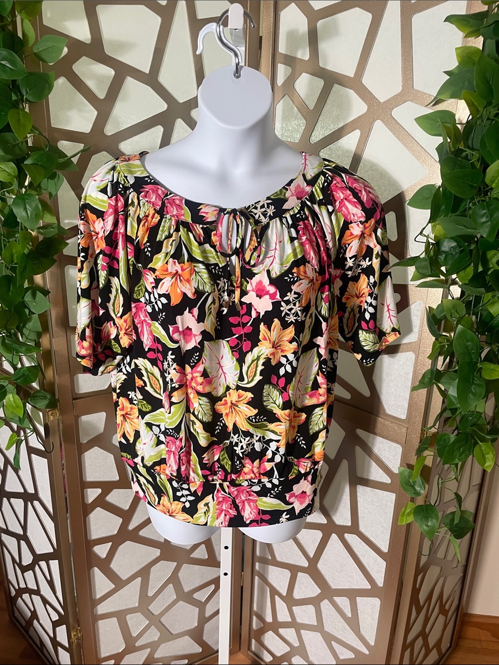 JM Collection Floral Tie-Neck Blouse in Black